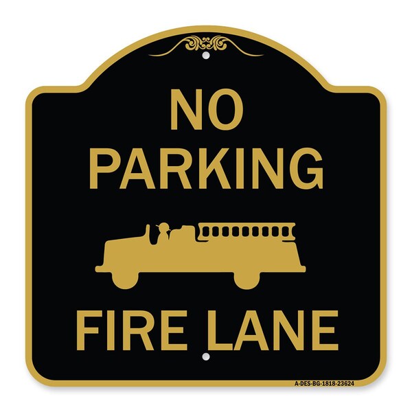 Signmission No Parking Fire Lane W/ Graphic, Black & Gold Aluminum Architectural Sign, 18" x 18", BG-1818-23624 A-DES-BG-1818-23624 - main